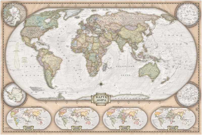 Карта мира -Ретро стиль на жёсткой магнитной основе в дерев.рамк
