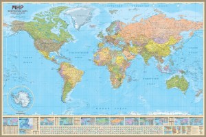 Политическая карта мира 1:14 на жёсткой основе в метал. раме