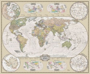 Скатерть 145х220см -политическая карта мира в ретро-стиле Сатен